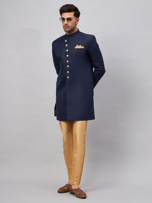 Vastramay Men's Navy Blue Indo Western Set